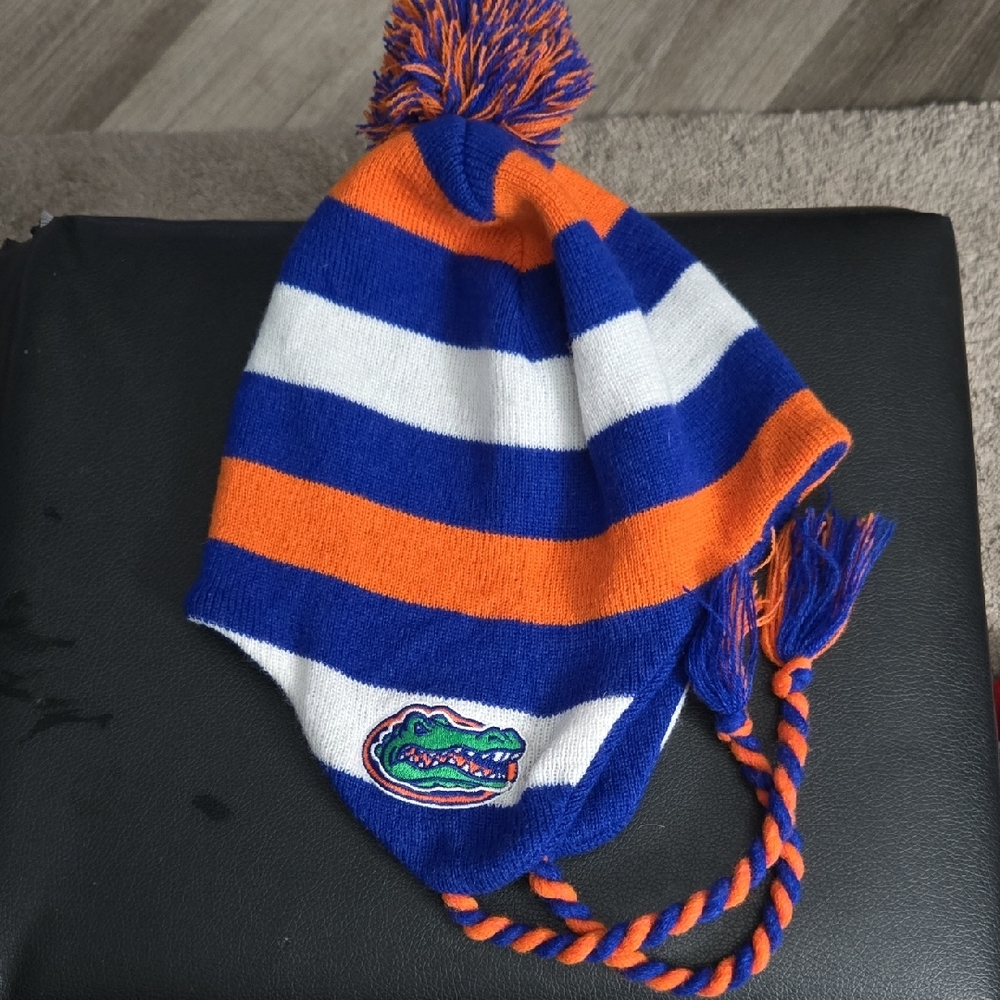 Orange and Blue Striped Beanie with Tassels
